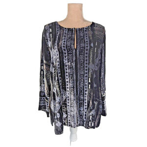 Chico's Velvet Tunic Top M L Burnout Silk Blend Black Blue Metallic Silver